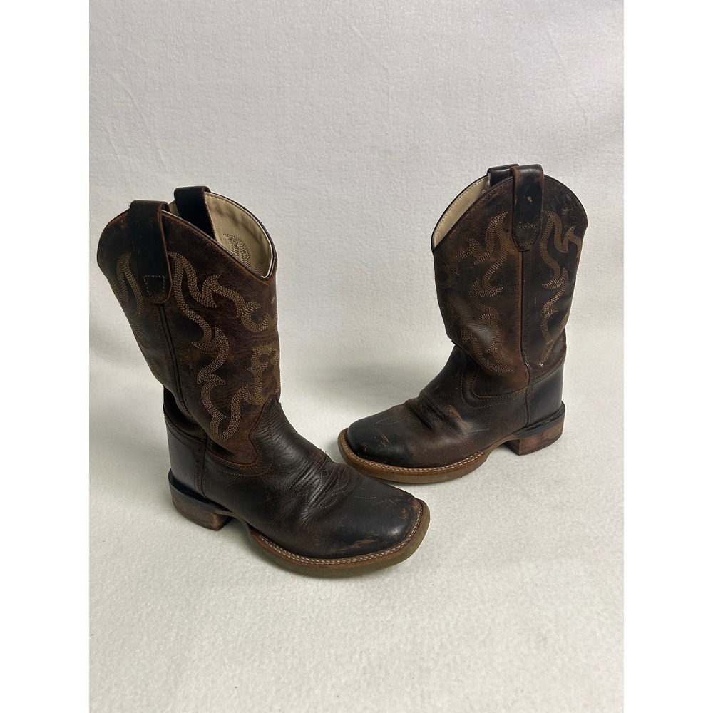 Boot Barn Western Square Toe Kids 1.0 Brown Stitched Leather Work Boots Cowboy